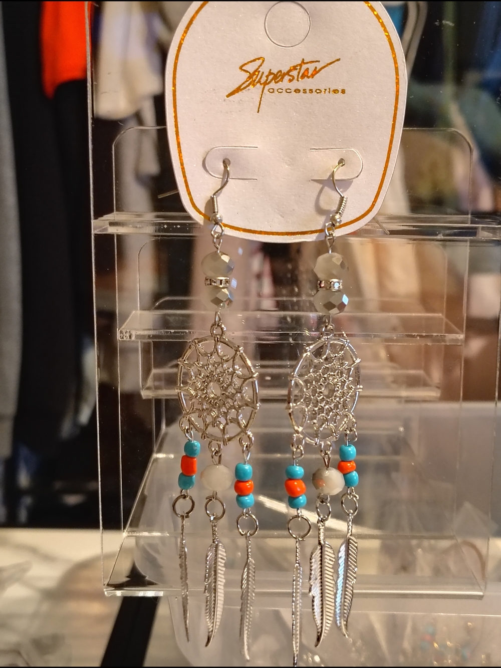 Silver Dreamcatcher Feather Dangle Earrings with Turquoise and Coral Beads